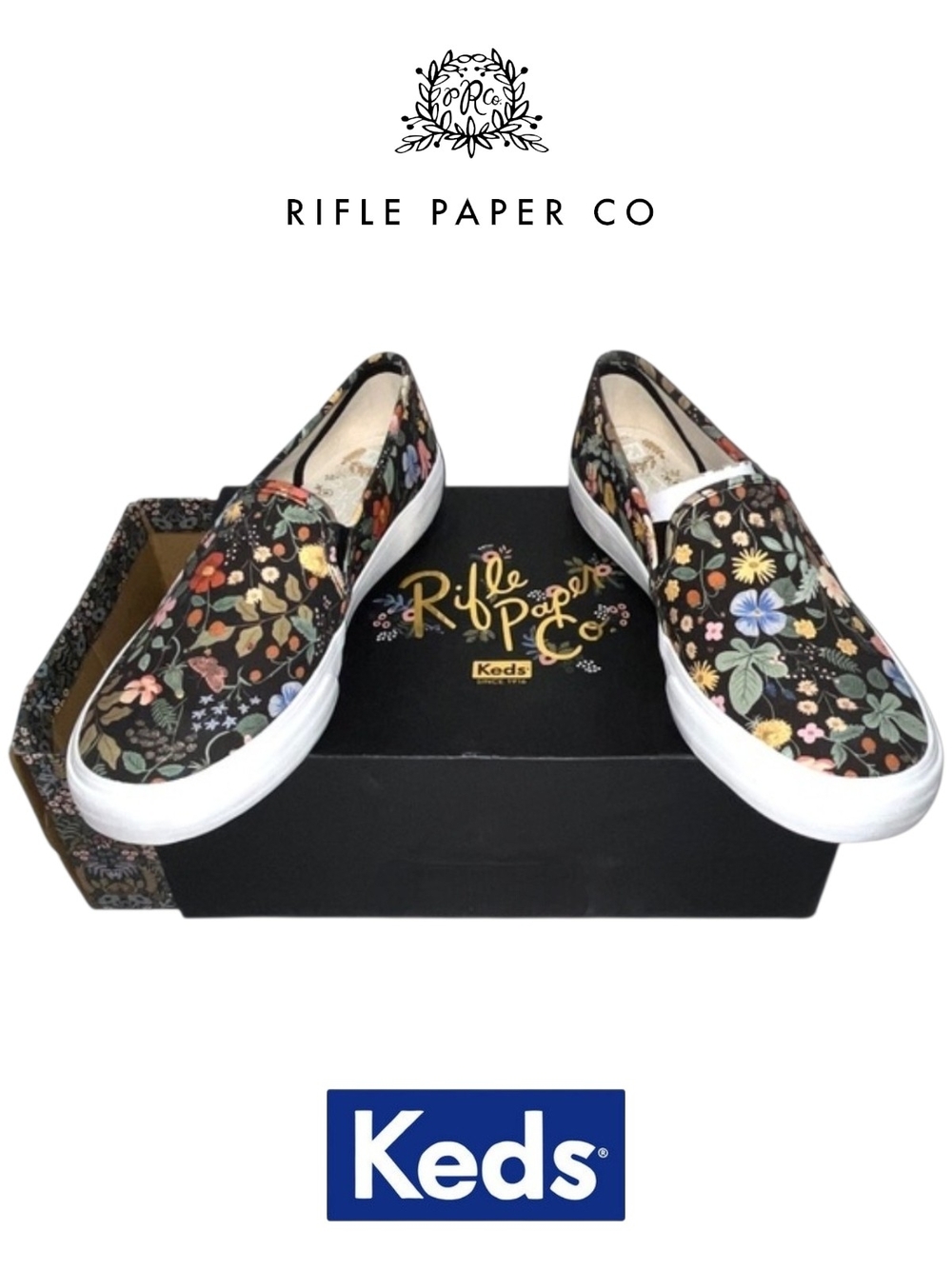 Keds x Rifle Paper Co. design Strawberry Fields black background Size 10W